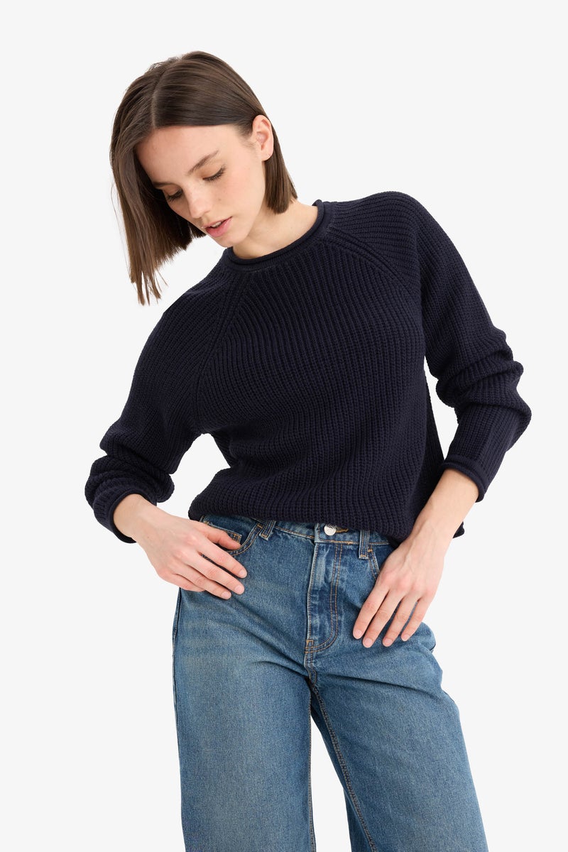DeFacto Blue Woman Regular Fit Crew Neck Basic Knit Pullover Casual - Image 3